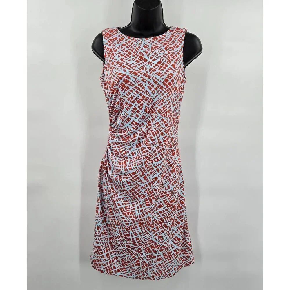 J McLaughlin Catalina Cloth Dress Sussex XS Orange Blue Geometric Ruched Side Sl